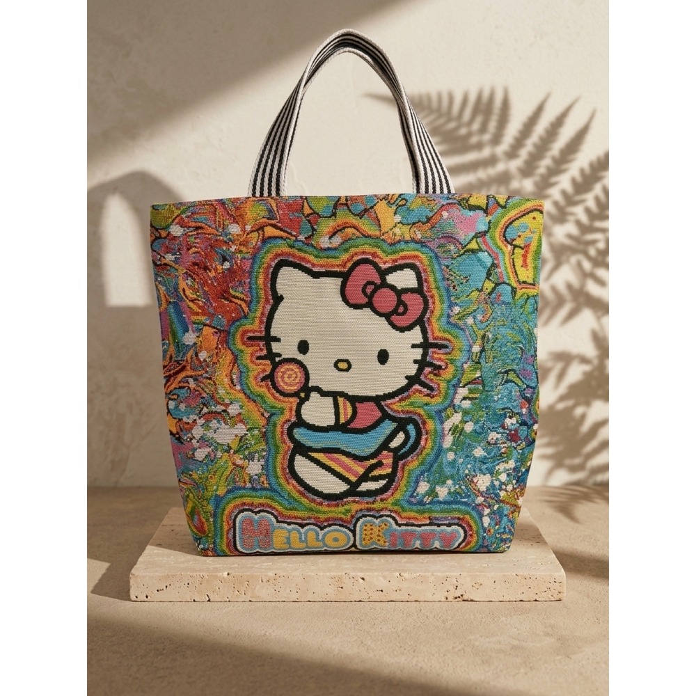 Hello Kitty Tapestry Tote Bag Psychedelic Woven Shoulder Bag Grey Multi Color